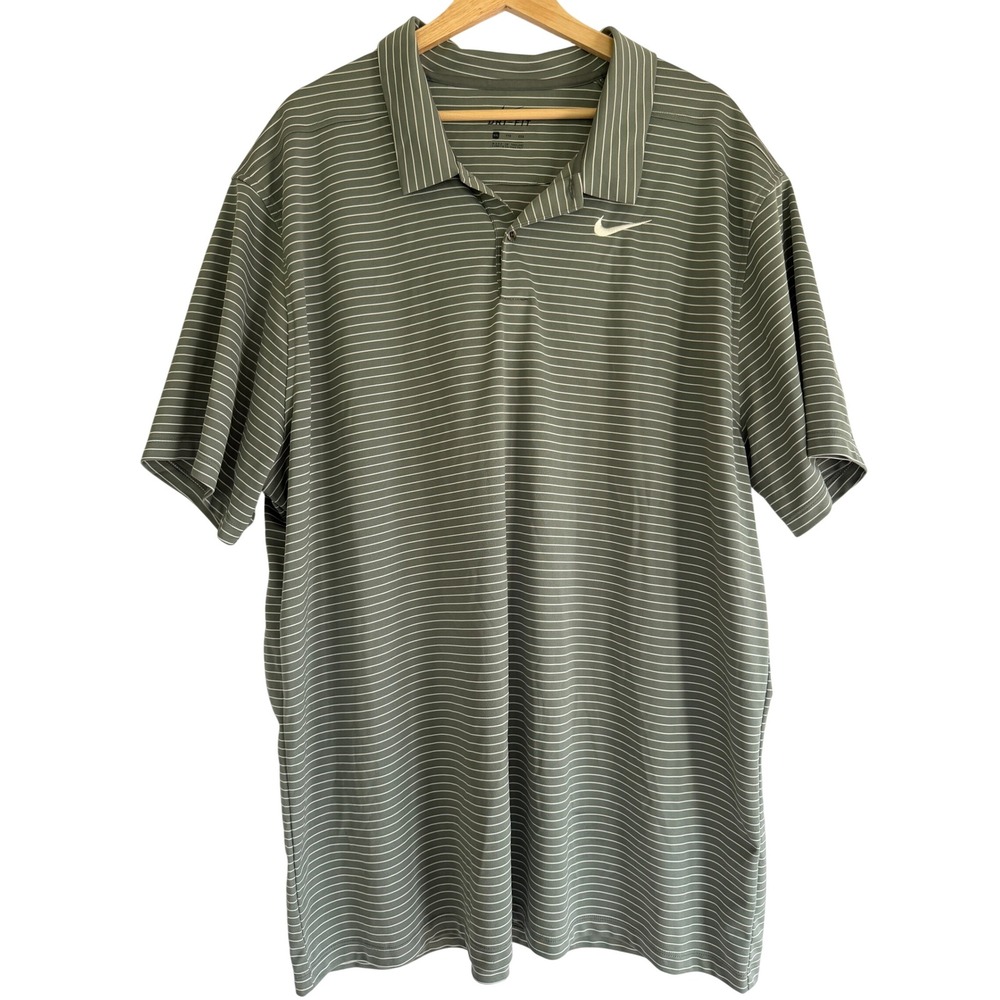Nike Dri-FIT Mens XXL Polo Shirt Olive Green White Striped Short Sleeve Golf